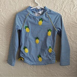Mini Boden Blue Stripe Sequin Pineapples Rash Guard Swim Shirt Top Girls 5-6Y